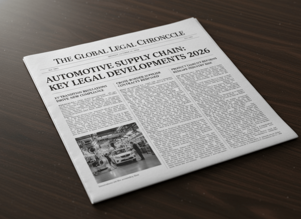 A realistic newspaper front page laid flat, with the headline "Automotive Supply Chain: Key Legal Developments 2026" in bold broadsheet typography. Sub-headlines about EV transition regulations, cross-border supplier contracts, and product liability reforms. The newspaper has a classic broadsheet layout with columns of text, a small photo of a car assembly line, and a professional masthead. Slightly dramatic lighting, photographed from above at a slight angle on a dark desk surface. Photorealistic style.