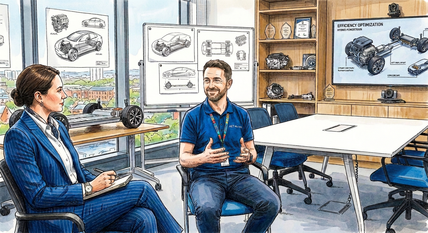 Automotive engineer explaining hybrid drivetrain efficiency in an interview setup