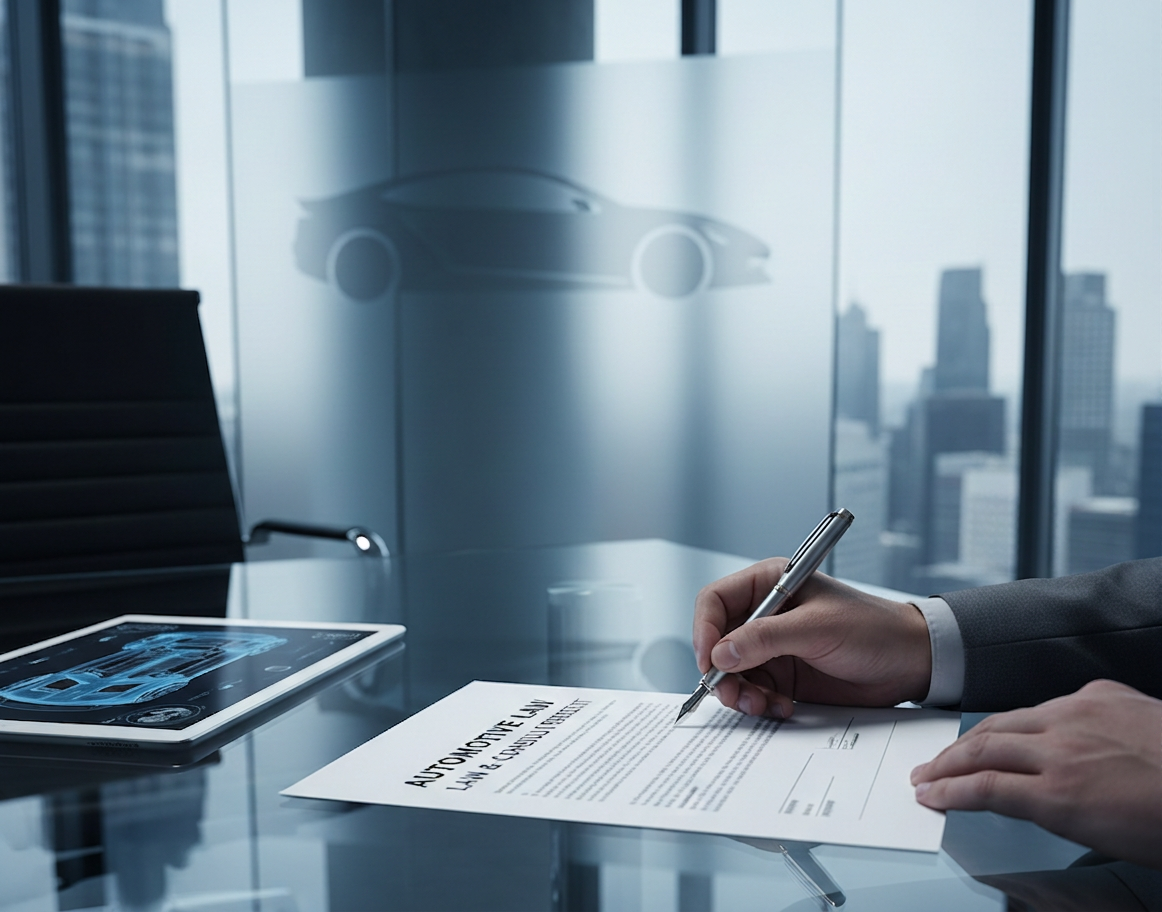 A sleek, modern professional legal services image for an automotive law firm. Clean minimalist composition featuring a glass-and-steel office environment with subtle automotive elements — a contract document, a sleek modern car silhouette in the background, and a confident professional hand signing a document. Cool blue and grey tones, sharp lighting, photorealistic, contemporary corporate aesthetic matching a high-end legal consulting brand.